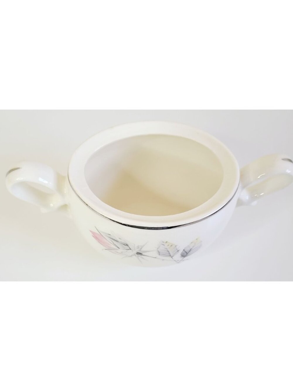 MCM Porcelain Sugar Bowl Pink & Gray Floral Design Silver Trim Vtg Tableware - Picture 4 of 7